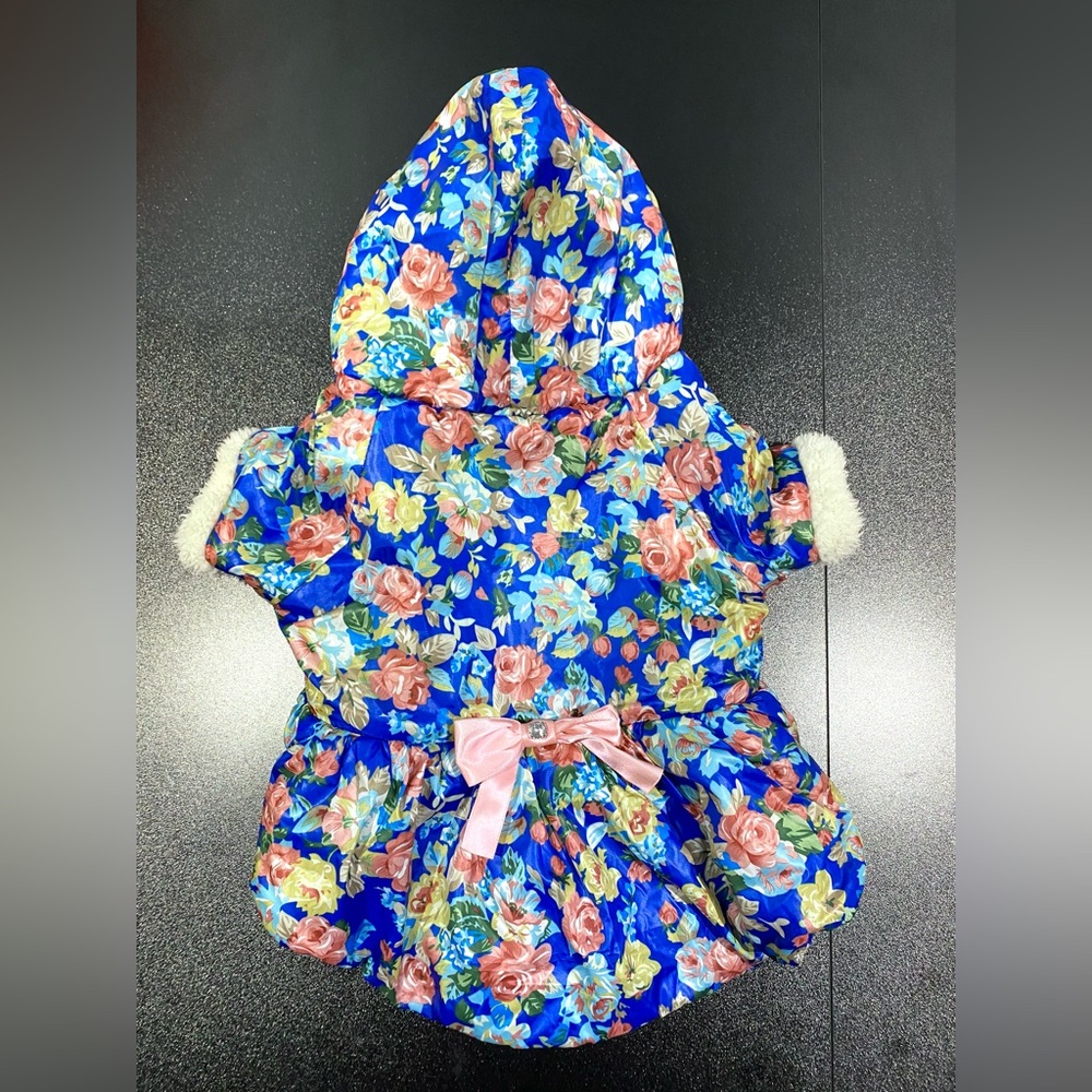Floral Hooded Dog Coat with Pink Bow